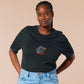 Embroidered black t-shirt with a cute chibi soy sauce fish bottle text suacy