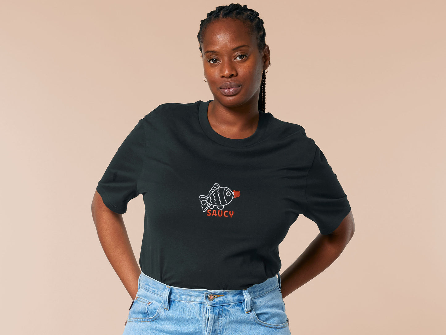Embroidered black t-shirt with a cute chibi soy sauce fish bottle text suacy
