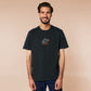 Embroidered black t-shirt with a cute chibi soy sauce fish bottle text suacy