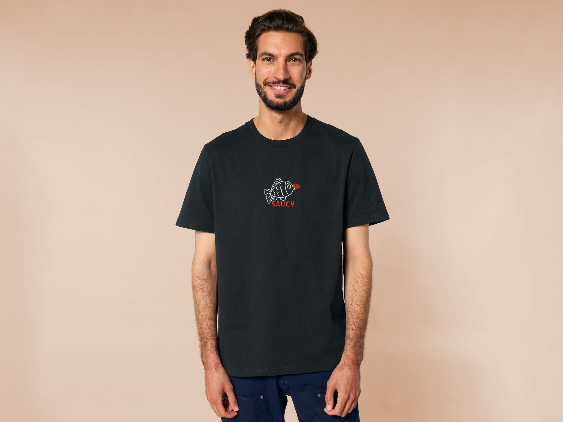 Embroidered black t-shirt with a cute chibi soy sauce fish bottle text suacy