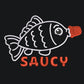 Embroidered black t-shirt with a cute chibi soy sauce fish bottle text suacy