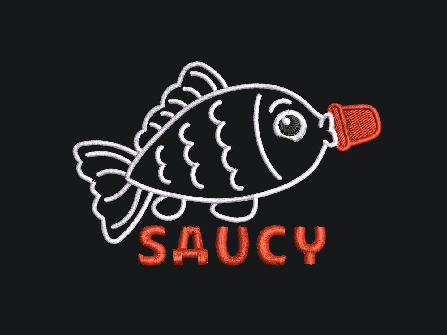 Embroidered black t-shirt with a cute chibi soy sauce fish bottle text suacy
