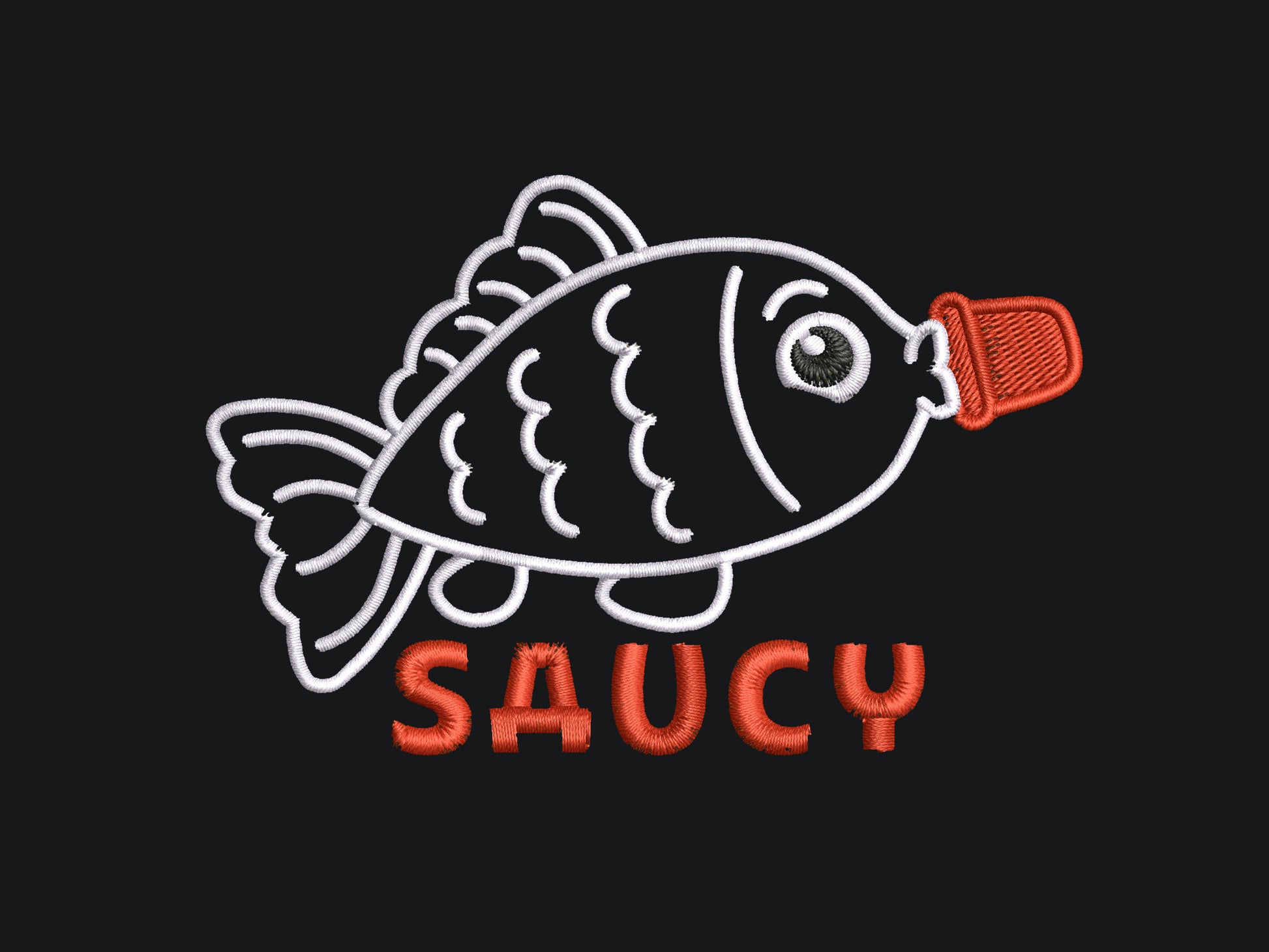 Embroidered black t-shirt with a cute chibi soy sauce fish bottle text suacy
