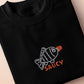 Embroidered black t-shirt with a cute chibi soy sauce fish bottle text suacy