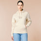 A cream crew neck long sleeve hoodie, with an embroidered brown thread design of a cute daschund dog looking concerend surrounded by the quote In This Economy?