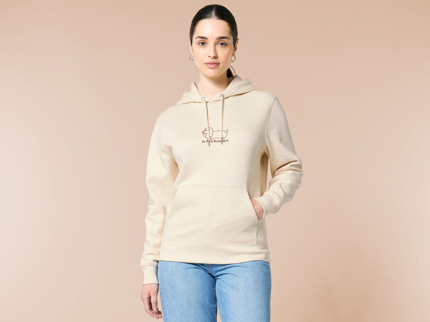 A cream crew neck long sleeve hoodie, with an embroidered brown thread design of a cute daschund dog looking concerend surrounded by the quote In This Economy?