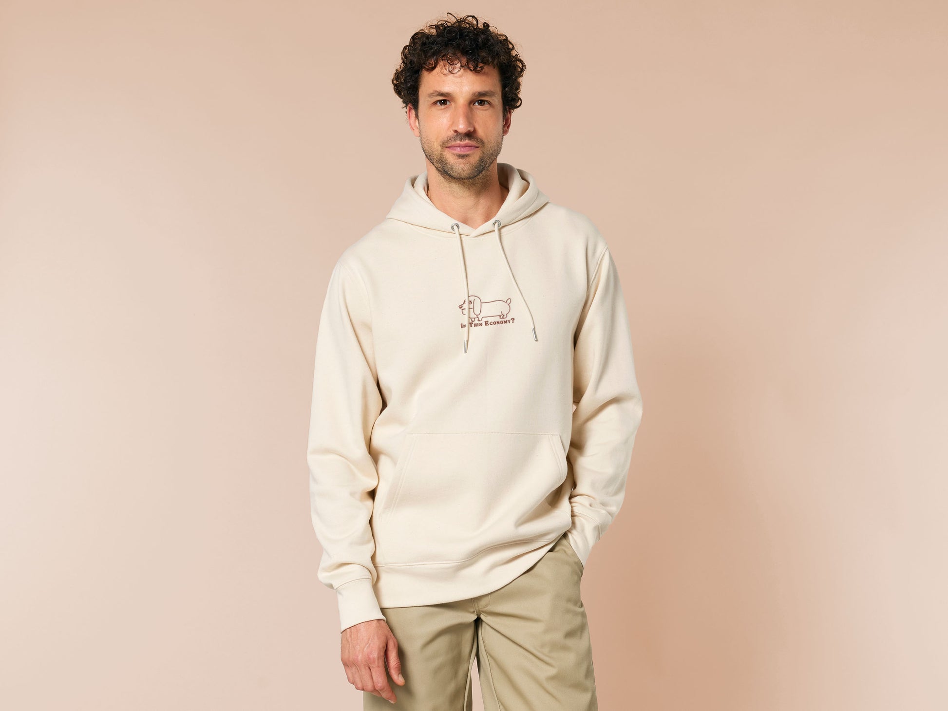 A cream crew neck long sleeve hoodie, with an embroidered brown thread design of a cute daschund dog looking concerend surrounded by the quote In This Economy?