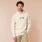 A cream crew neck long hoodie sweater, with an embroidered brown thread design of a cute popcat the cat meme reaction twitch emote