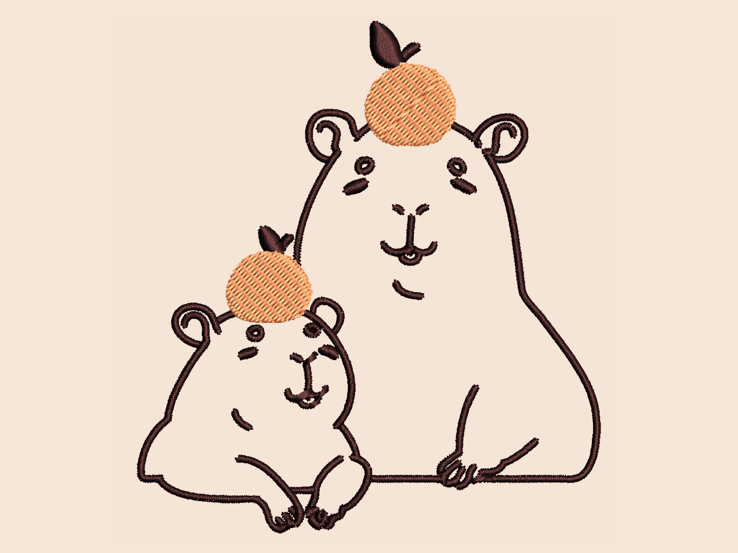 Embroidered cream t-shirt design of two cute chibi capybaras with oranges on their heads.