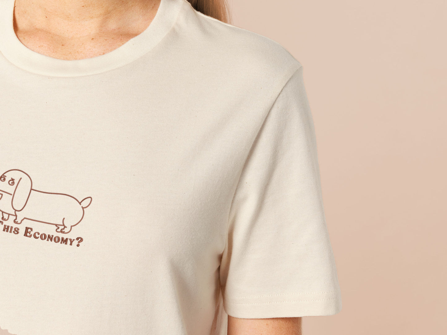 A cream crew neck short sleeve t-shirt, with an embroidered brown thread design of a cute daschund dog looking concerend surrounded by the quote In This Economy?