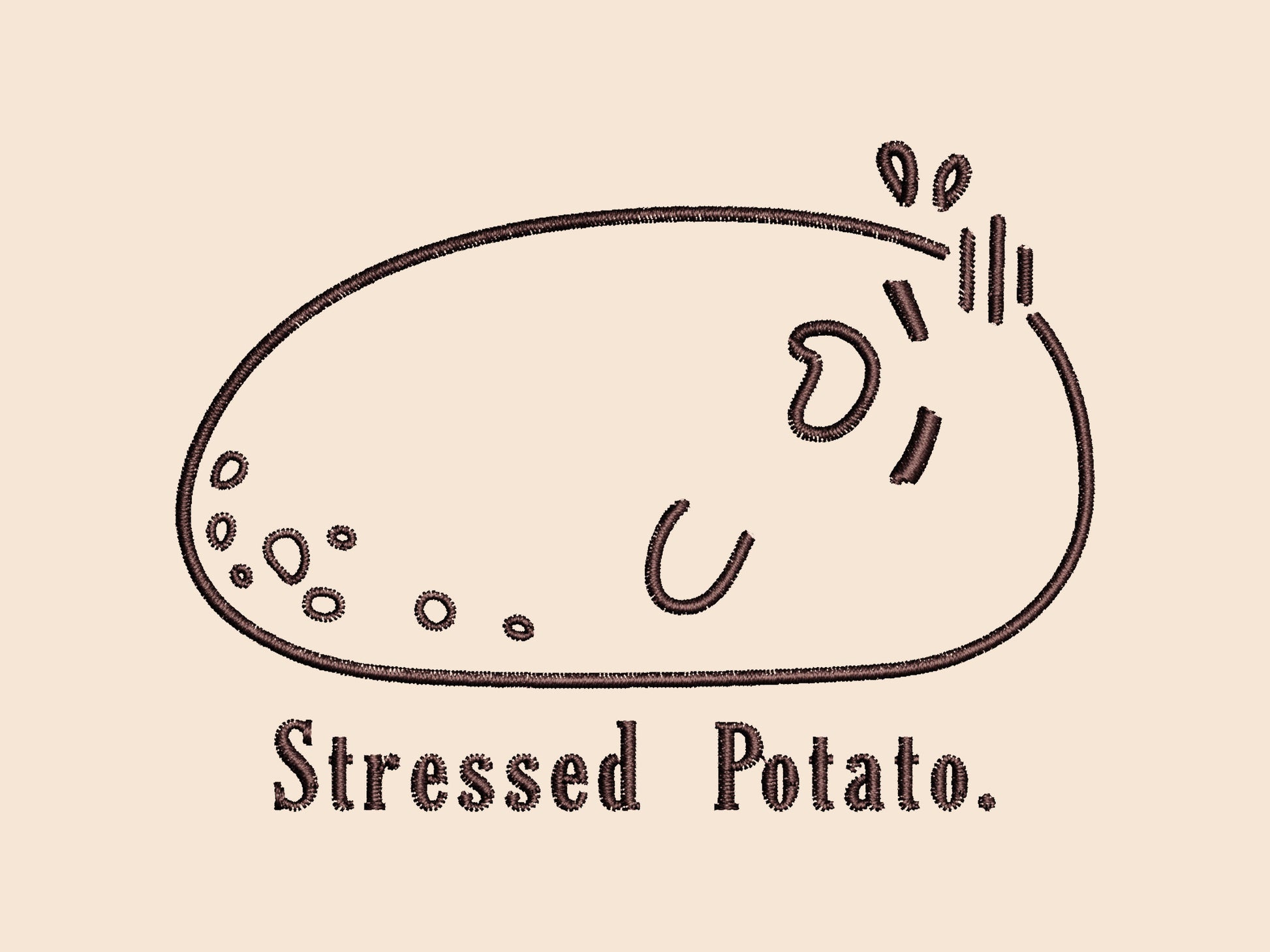 An embroidered cream design of a funny stressed-out potato with the text underneath saying stressed potato.