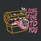 A dark grey crew neck short sleeve t-shirt, with an embroidered cute chibi mimic chest holding a D20 dice rolled a one and the quote Looks fine to you.