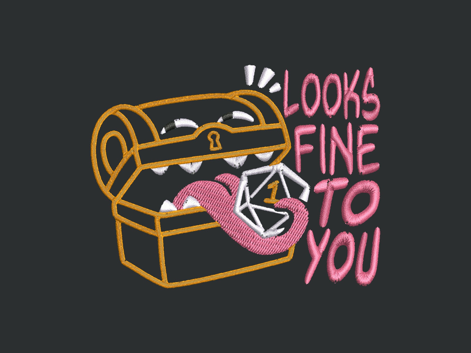 A dark grey crew neck short sleeve t-shirt, with an embroidered cute chibi mimic chest holding a D20 dice rolled a one and the quote Looks fine to you.