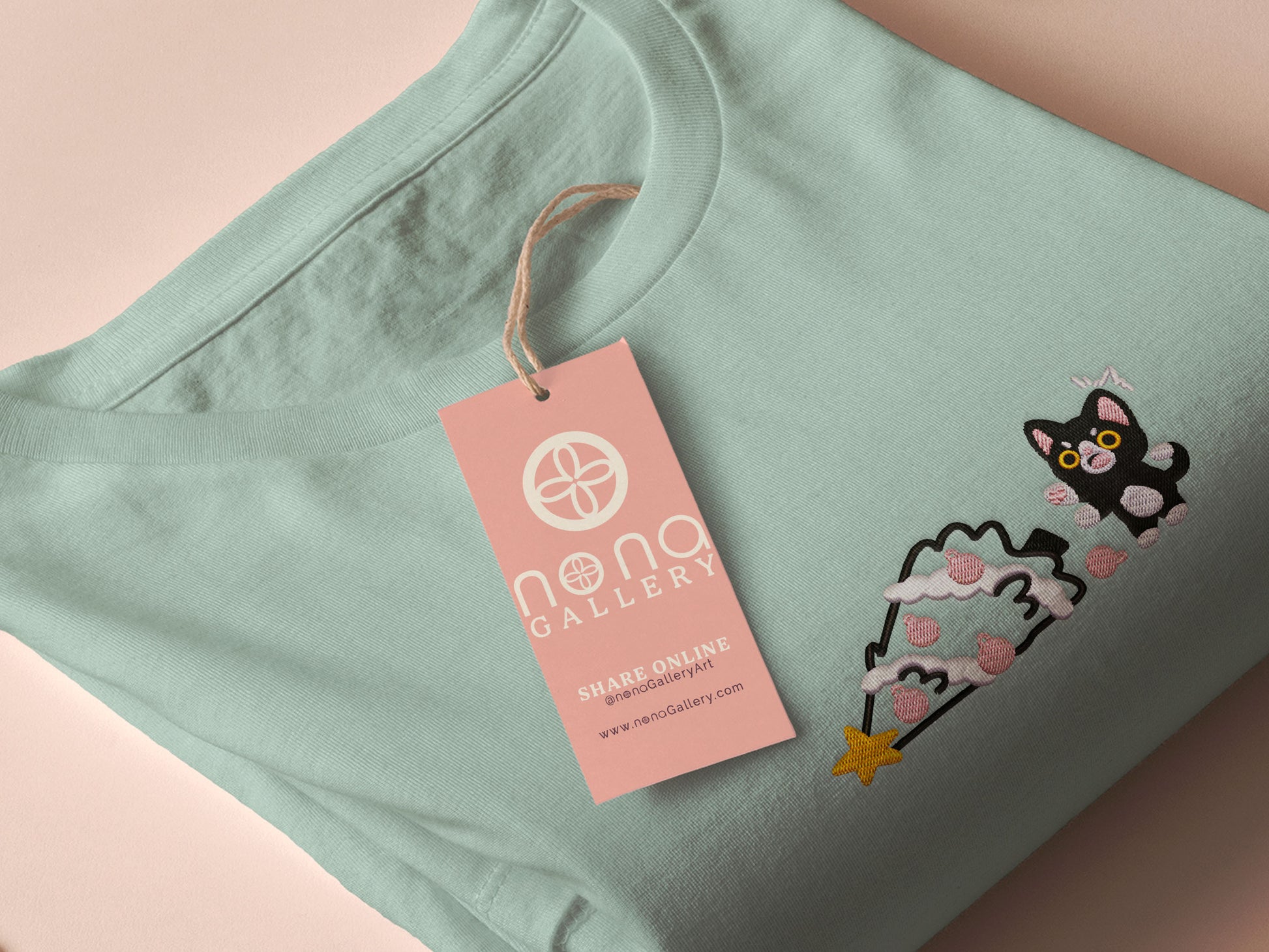 Green Christmas jumper with an embroidered design of a cute black cat shocked at a fallen down christmas tree that they clearly pushed over