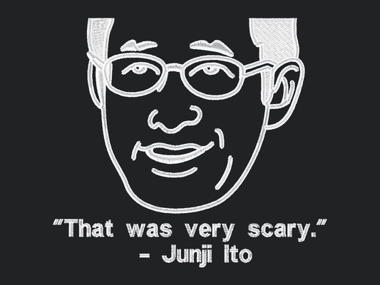 Embroidered white design of horror manga artist Junji Ito and the text quote "That was very Scary" - Junji Ito