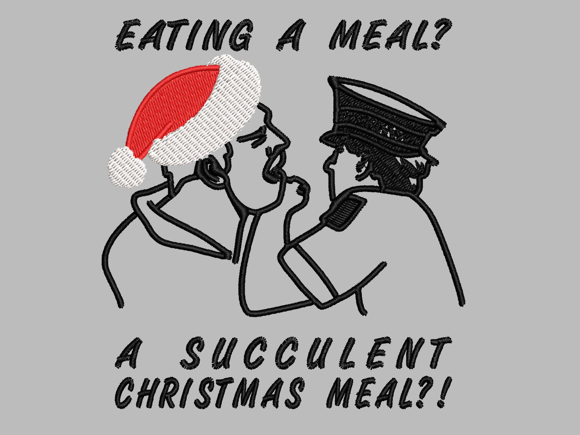 Grey Christmas jumper with an embroidered design of the viral YouTube arrest video Democracy manifest eating a meal a succulent Chinese meal, but instead, it says Christmas Meal and Jack Karlson is wearing a red Christmas hat.