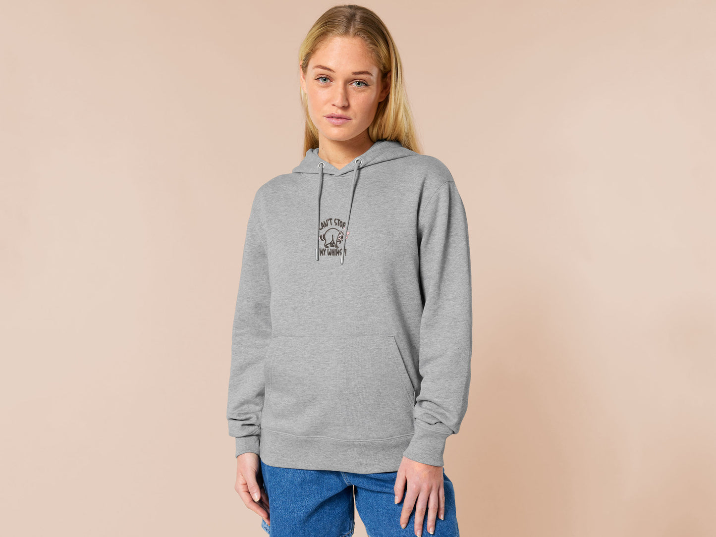 An Embroidered light grey hoodie design of a cute Jimothy the viral disabled raccoon and the quote can't stop my whimsy!