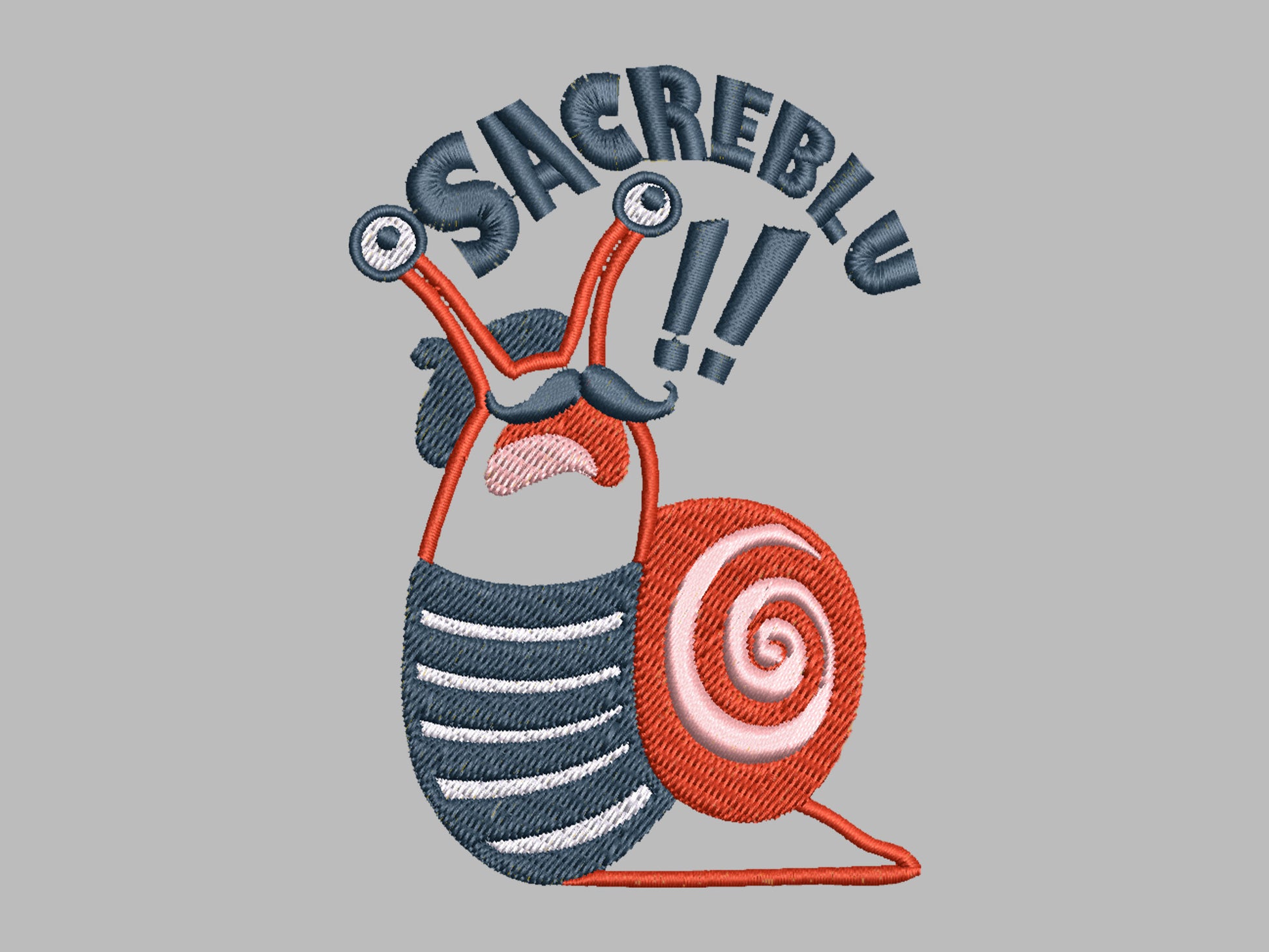 An Embroidered light grey t-shirt design of a cute chib french snail with the quote sacreblu!