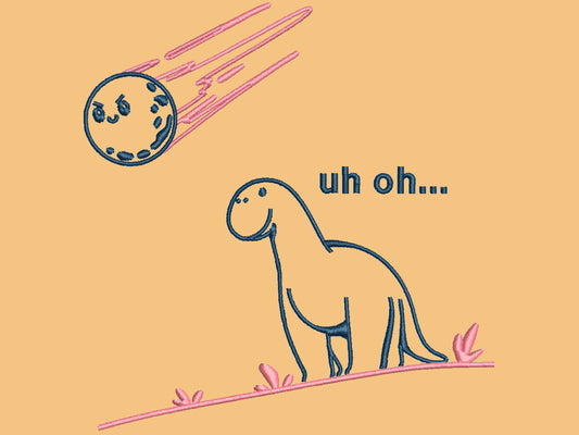 A yellow top with a blue and pink embroidered design of a cute smiling dinosaur looking at a meteor plummeting to earth with the text uh oh...