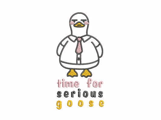 An embroidered white t-shirt design of a cute cartoon goose wearing a suit and tie with text underneath that time for serious goose