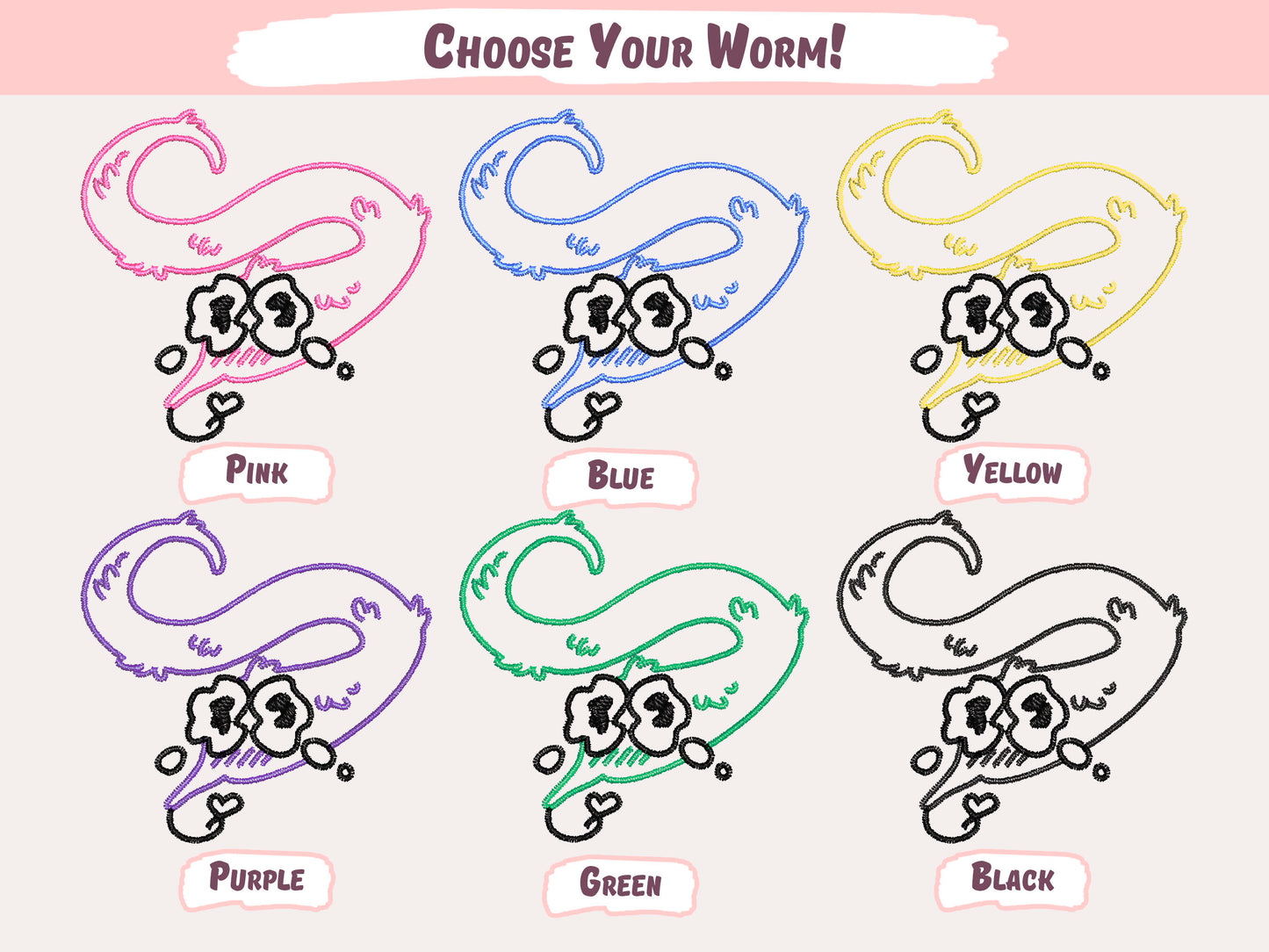 An explanation diagram of choosing what worm colour you would like your custom embroidered worm on a string design. The options are pink, blue, yellow, purple, green, black