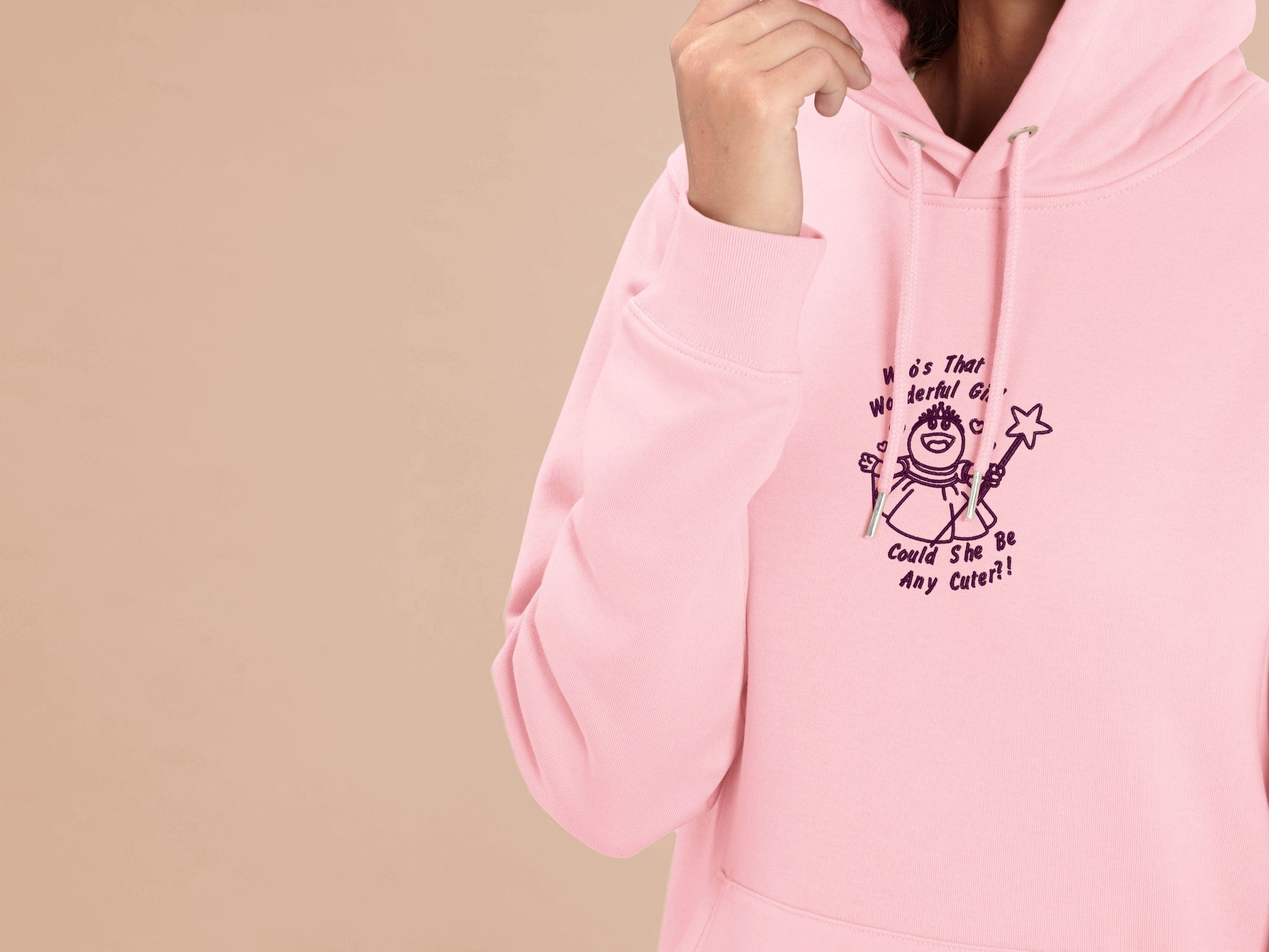 An embroidered fleece hoodie design of Mona from the puppet show Nanalan in a princess dress with the text Who's That Wonderful Girl, Could She Be Any Cuter?!