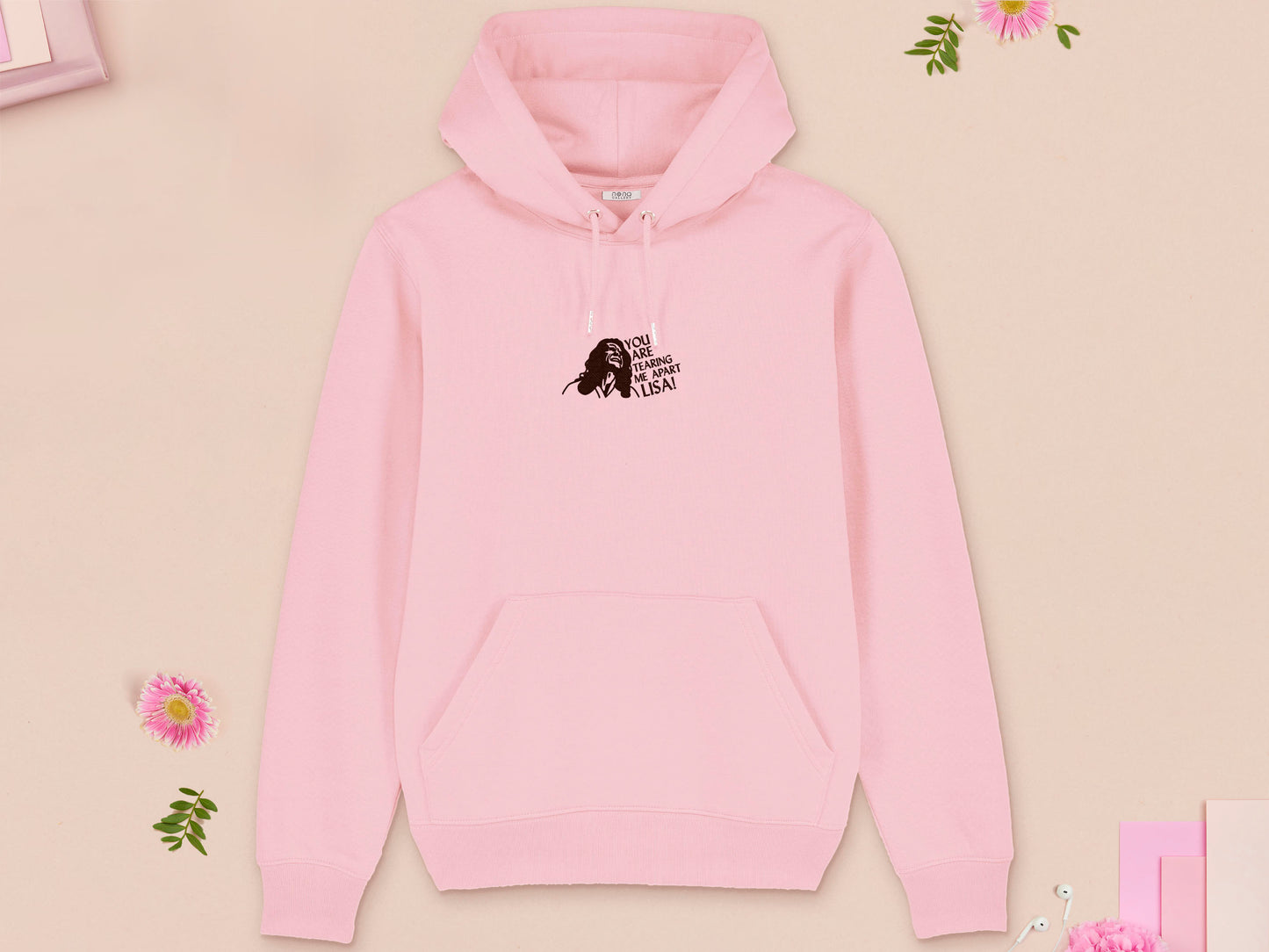 A long sleeved pink fleece hoodie with an embroidered brown design of Tommy Wiseau in the movie The Room with the quote You Are Tearing Me Apart Lisa!