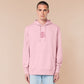 Pink embroidered hoodie with a cute chibi guinea pig hamster wearing heart-shaped sunglasses and driving a little pink car surrounded by the quote the horrors persist but so do I.