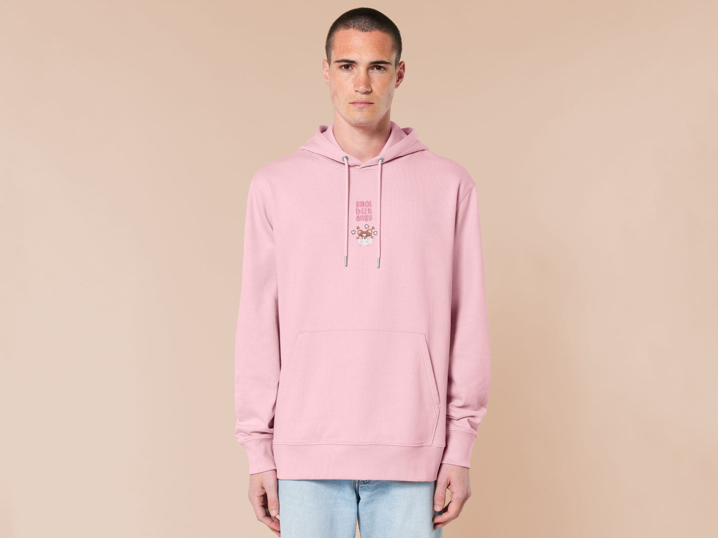 Pink embroidered sweater with a cute chibi hamster angry surrounded by the quote smol but angy