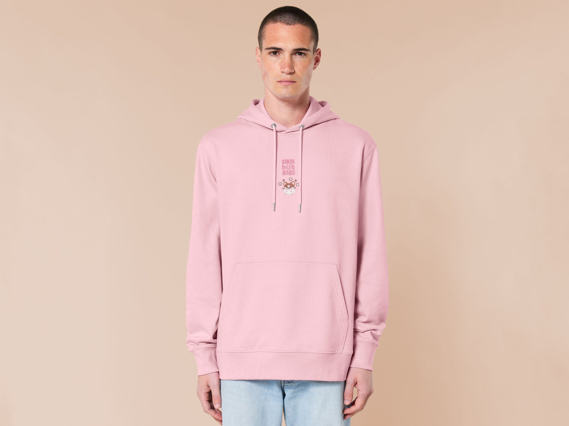 Pink embroidered sweater with a cute chibi hamster angry surrounded by the quote smol but angy
