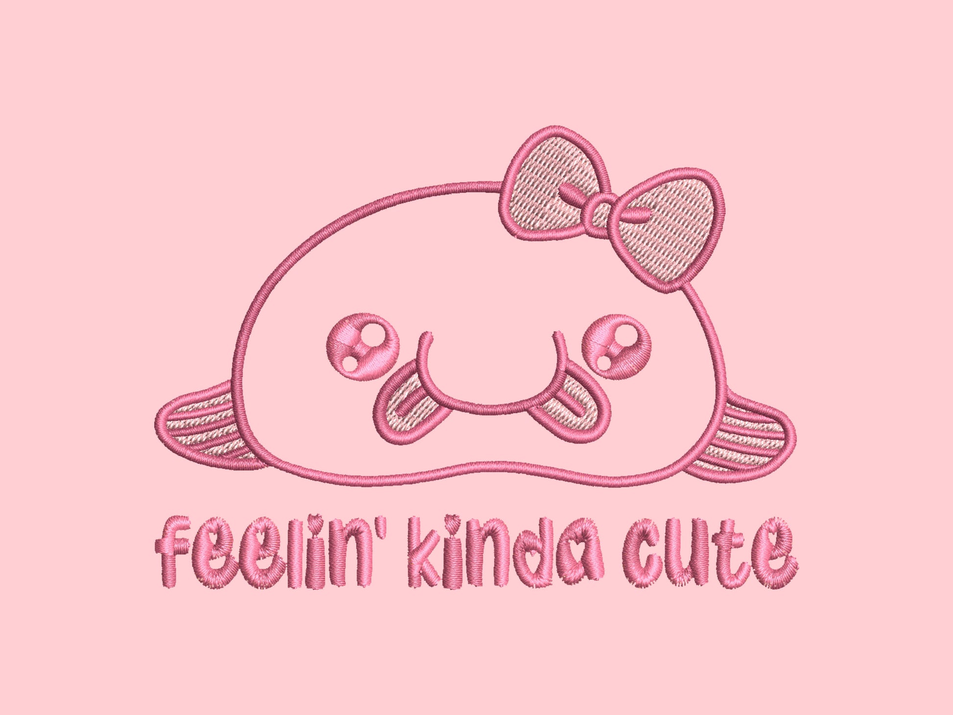 Pink embroidered t-shirt with a cute chibi BLOBFISH wearing a bow surrounded by the quote feelin kinda cute