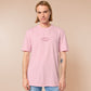 Pink embroidered t-shirt with a cute chibi princess cat wearing a crown and holding a boba tea surrounded by the quote passenger princess
