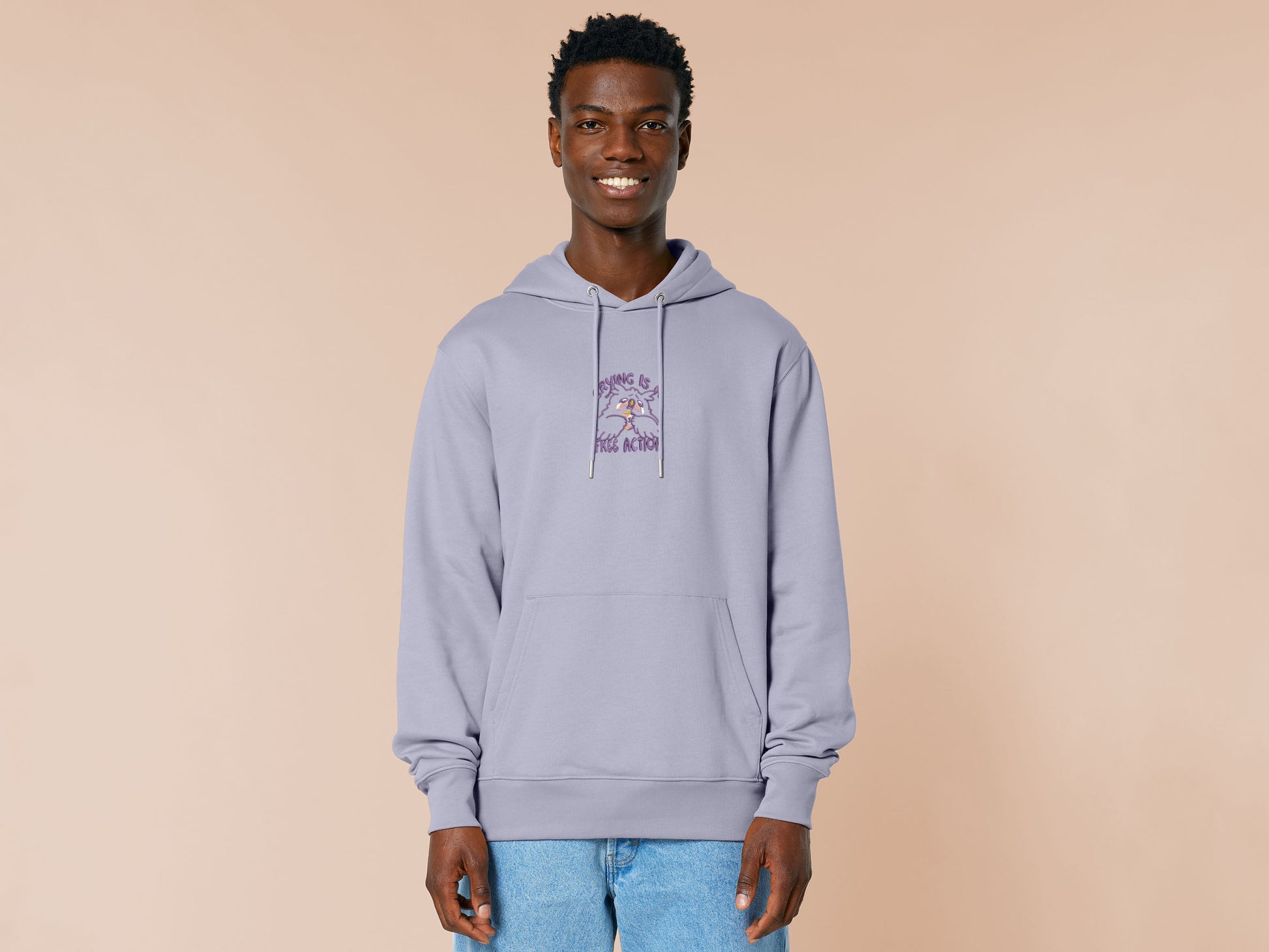 Purple embroidered hoodie with a cute design of a chibi owlbear crying holding a d20 dice that has rolled a one with the quote Crying Is A Free Action