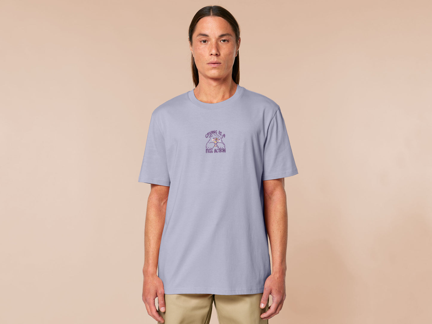 Purple embroidered tshirt with a cute design of a chibi owlbear crying holding a d20 dice that has rolled a one with the quote Crying Is A Free Action