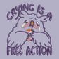 Purple embroidered cute design of a chibi owlbear crying holding a d20 dice that has rolled a one with the quote Crying Is A Free Action
