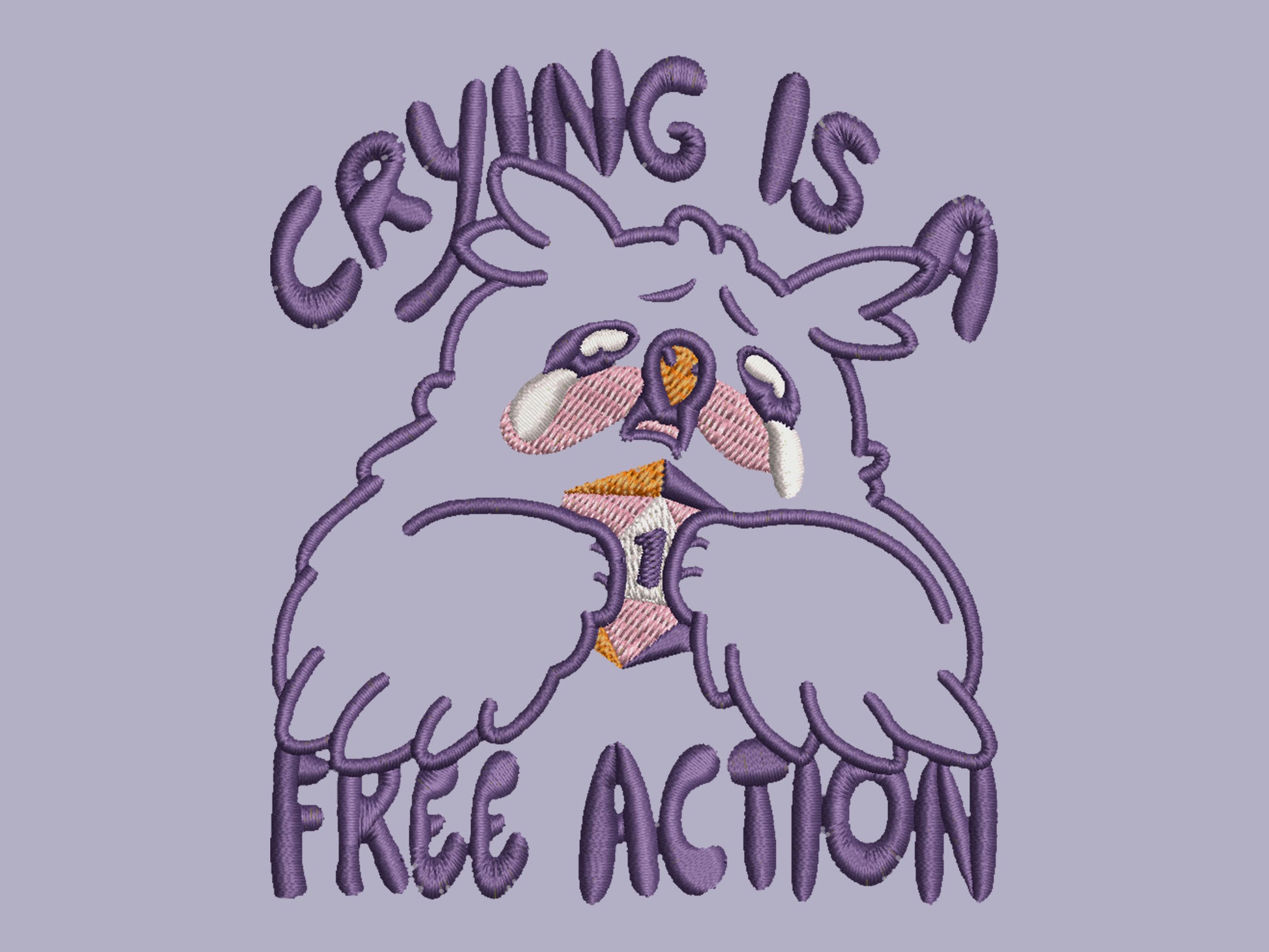 Purple embroidered cute design of a chibi owlbear crying holding a d20 dice that has rolled a one with the quote Crying Is A Free Action