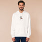An embroidered white hoodie design of a blood drenched meeple holding a knife with text When I Play Board Games I Have No Friends