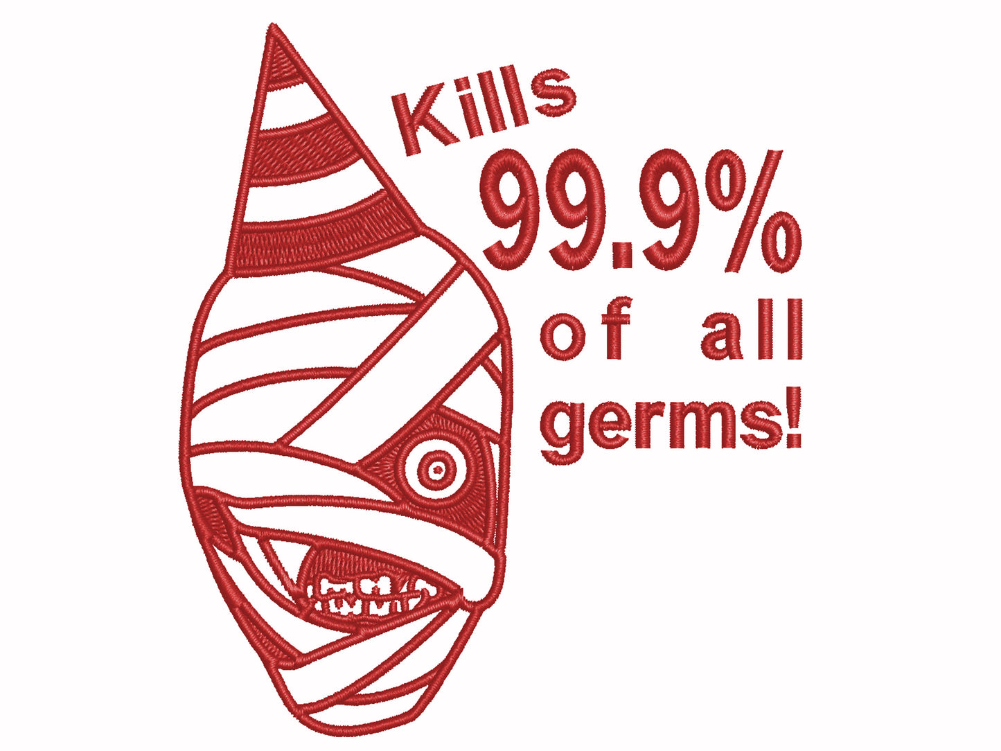 White t-shirt with a red embroidered design of the face of captain Curly from the indie horror game Mouthwashing wearing a party hat and the quote kills 99.9% of al germs!