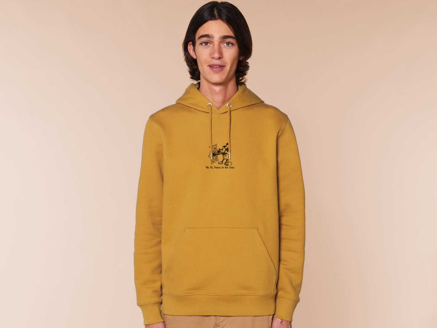 Man in long sleeved yellow fleece hoodie with an Embroidered Black Steamboat Willie Design From Disney's original Mickey Mouse Animation with the text *My OC, Please Don't Steal.