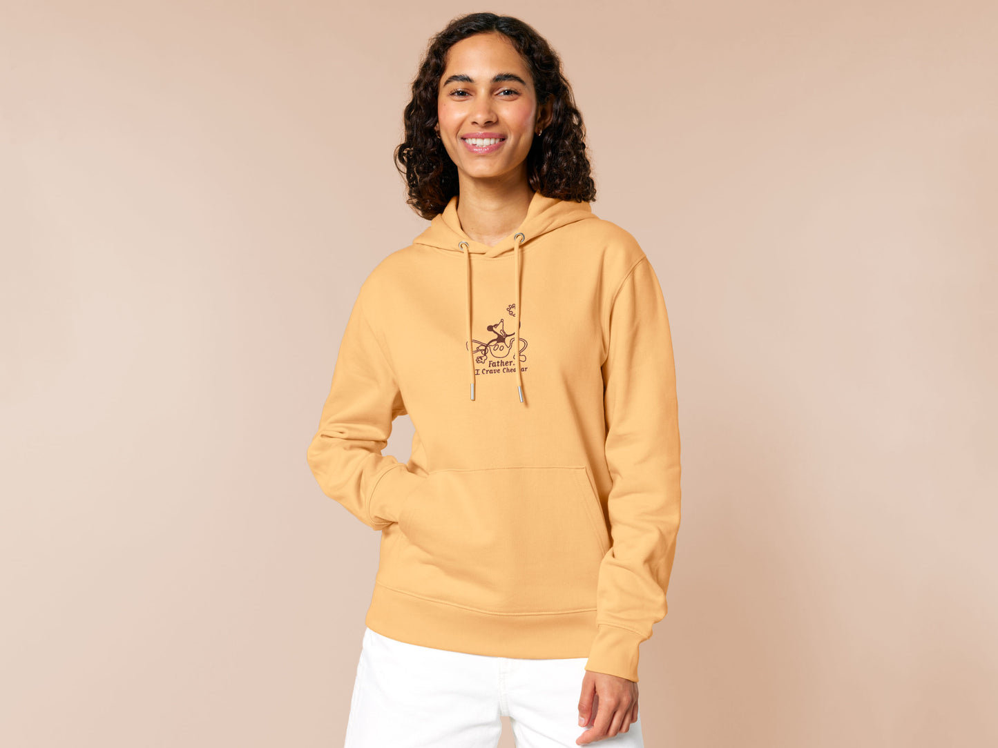 A yellow crew neck long sleeve hoodie, with an embroidered black thread design of a mickey mouse like creature grasping the air with the text Father... I crave cheddar