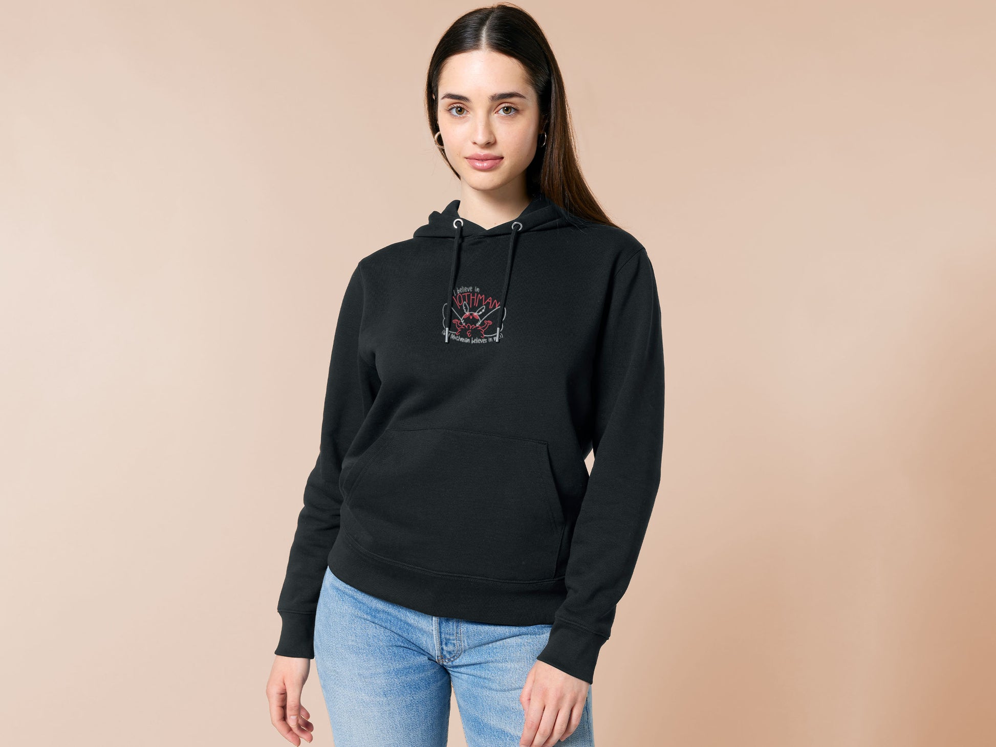Embroidered black hoodie with a cute chibi cryptid design of Mothman with the text I believe in Mothman (and Mothman believes in me!)