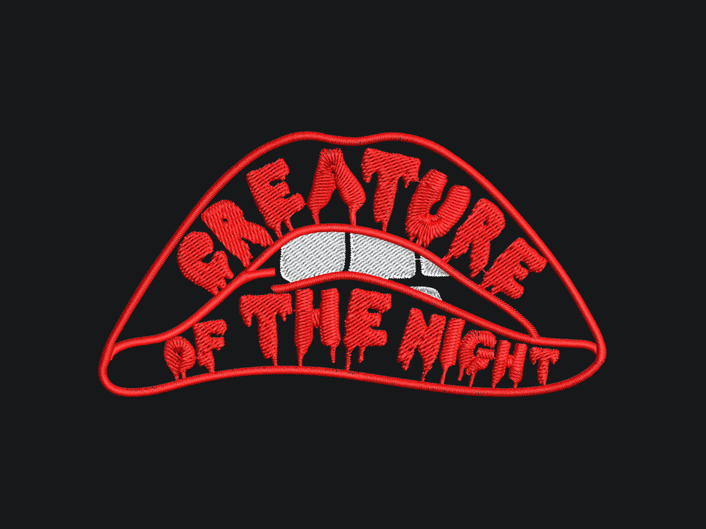 An Embroidered black t-shirt design of the iconicRocky Horror Show Double Feature cult classic sci-fi musical movie's lips with the text within the lips reading Creature of the night 