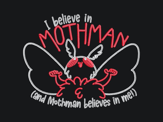 Embroidered black t-shirt with a cute chibi cryptid design of Mothman with the text I believe in Mothman (and Mothman believes in me!)