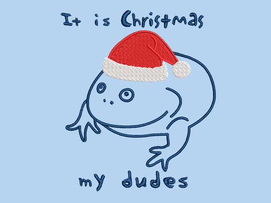 Blue Christmas jumper with an embroidered design of the viral frog Reddit meme it is Wednesday my dudes, but instead it says it is Christmas my dudes and the frog is wearing a red Christmas hat.