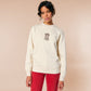 A cream crew neck long sleeve sweater, with an embroidered brown thread design of a cute cowboy cat with hat surrounded by the quote meowfy ya'll!