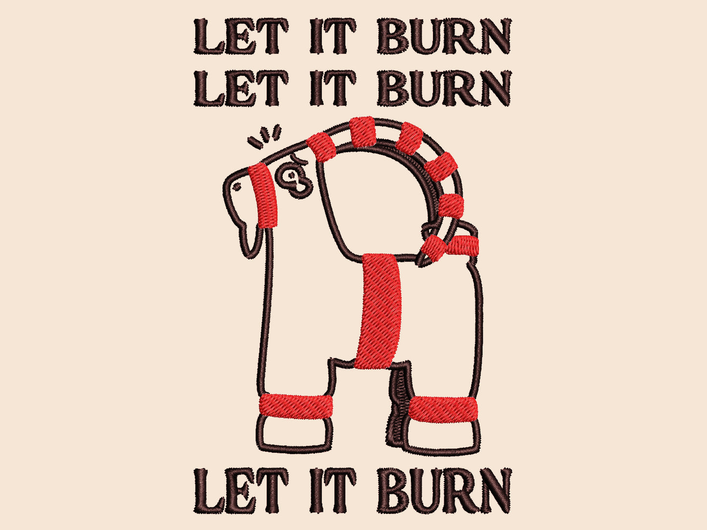 Cream Christmas jumper with an embroidered design of the viral Gavle Straw Goat surrounded by the quote let it burn, let it burn, let it burn.