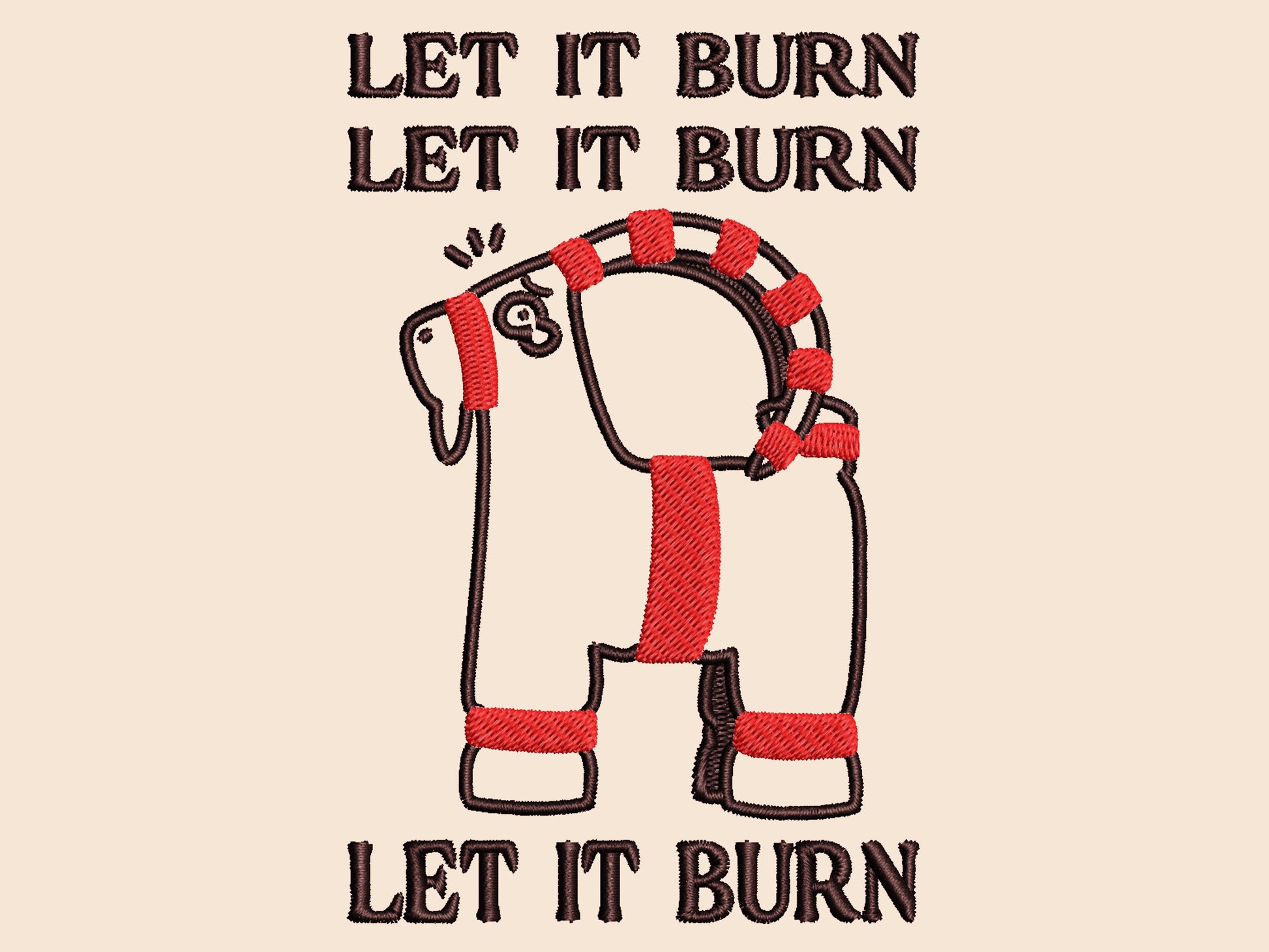 Cream Christmas jumper with an embroidered design of the viral Gavle Straw Goat surrounded by the quote let it burn, let it burn, let it burn.