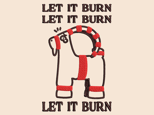 Cream Christmas jumper with an embroidered design of the viral Gavle Straw Goat surrounded by the quote let it burn, let it burn, let it burn.
