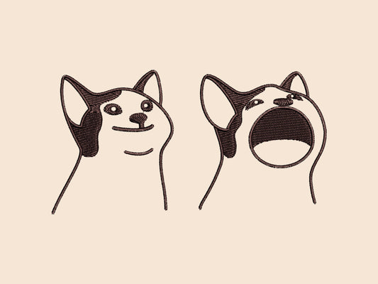 A cream crew neck short sleeve t-shirt, with an embroidered brown thread design of a cute popcat the cat meme reaction twitch emote