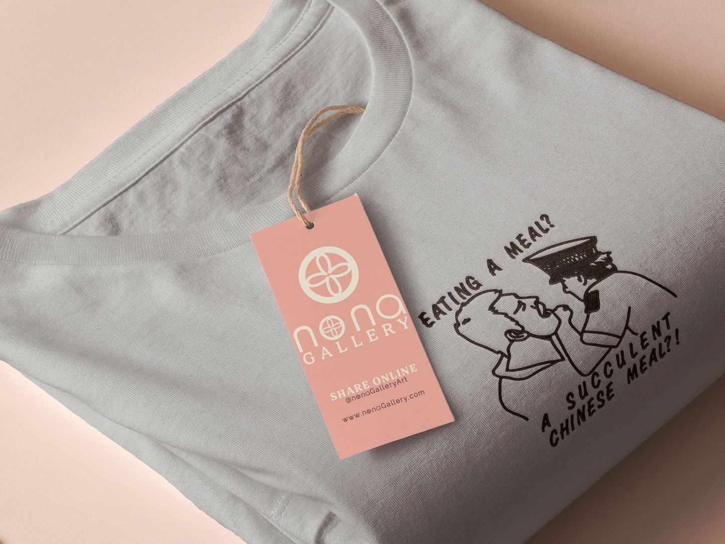 An embroidered light grey t-shirt design of the Australian Jack Karlson being arrested while he shouts Eating A Meal? A Succulent Chinese Meal?!